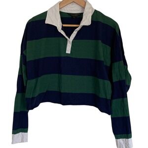 Faded Rose Womens Cropped Rugby Shirt Navy Green Stripes Size XL Collar Long Slv